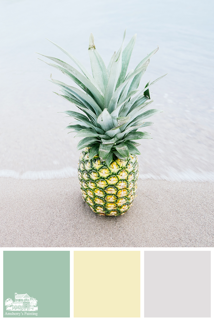 Color Palette // Pineapple Beach Party SW6744 Reclining Green, SW1666 Venetian Yellow, SW6183 Conservative Gray