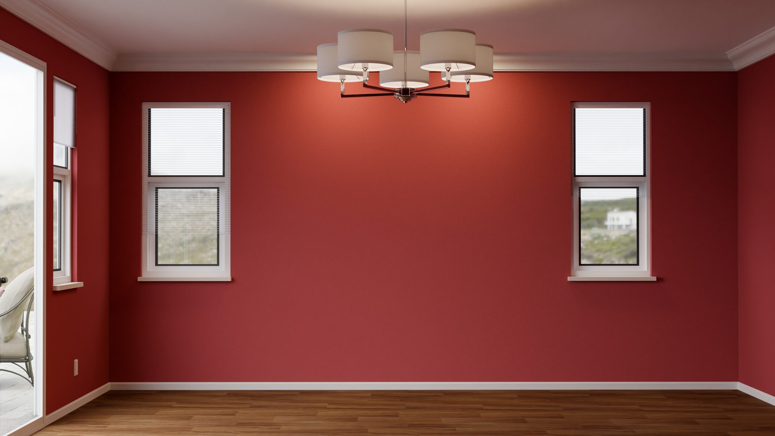 Newly remodeled room of the house with wood floors, burgundy red paint interior, and ceiling lights