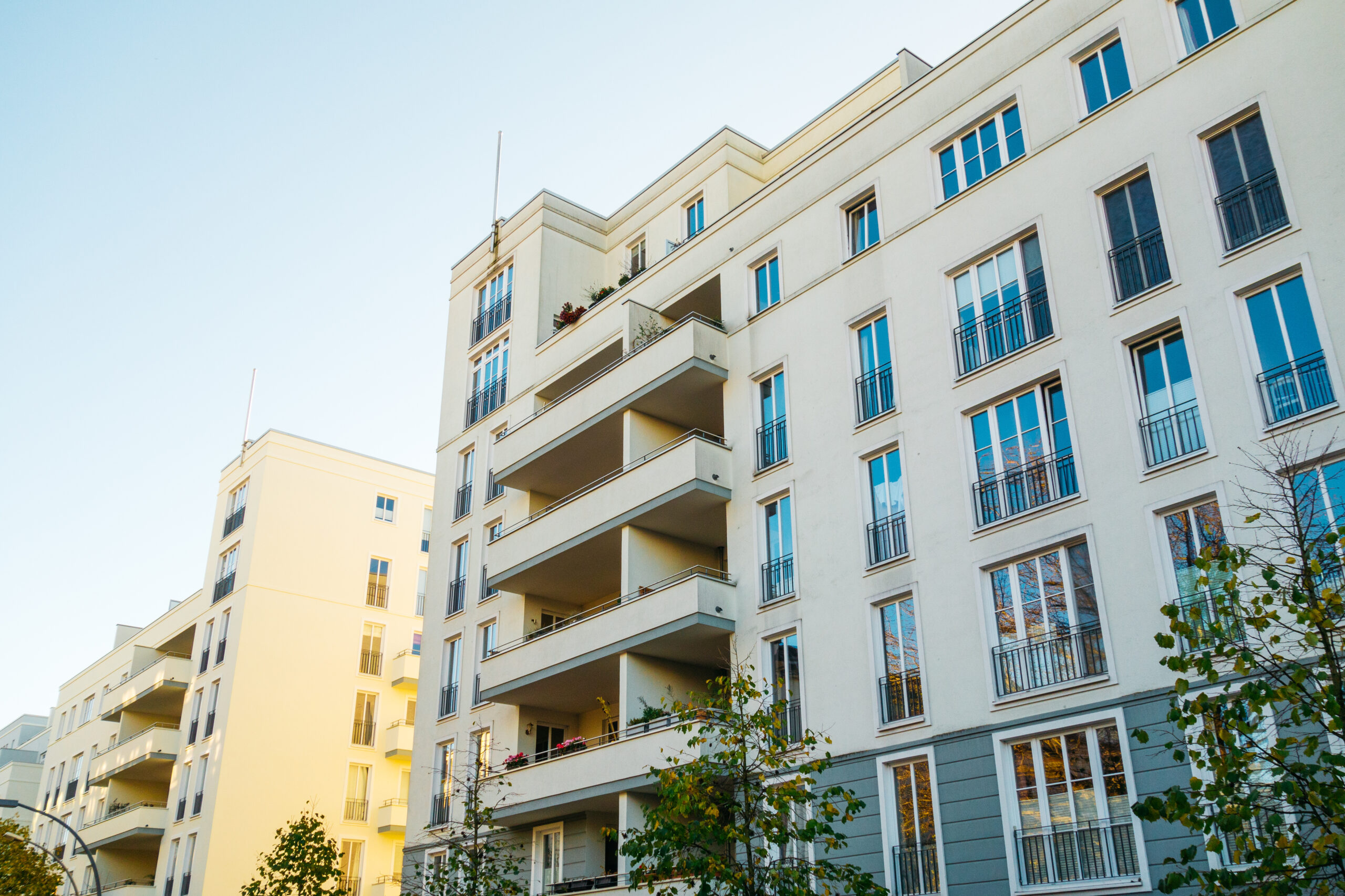 Six-story apartment building from ground level