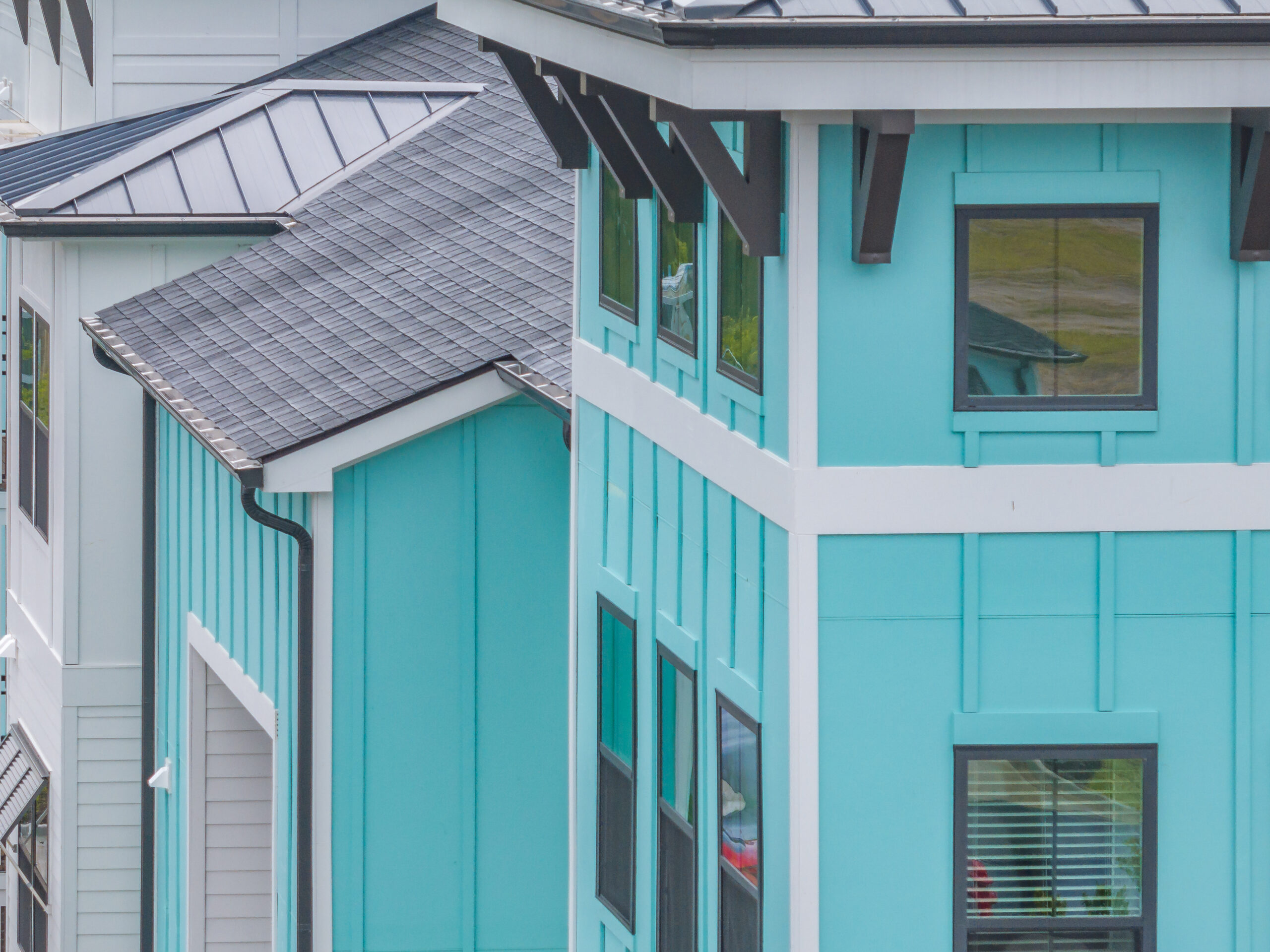 Close up of blue apartments