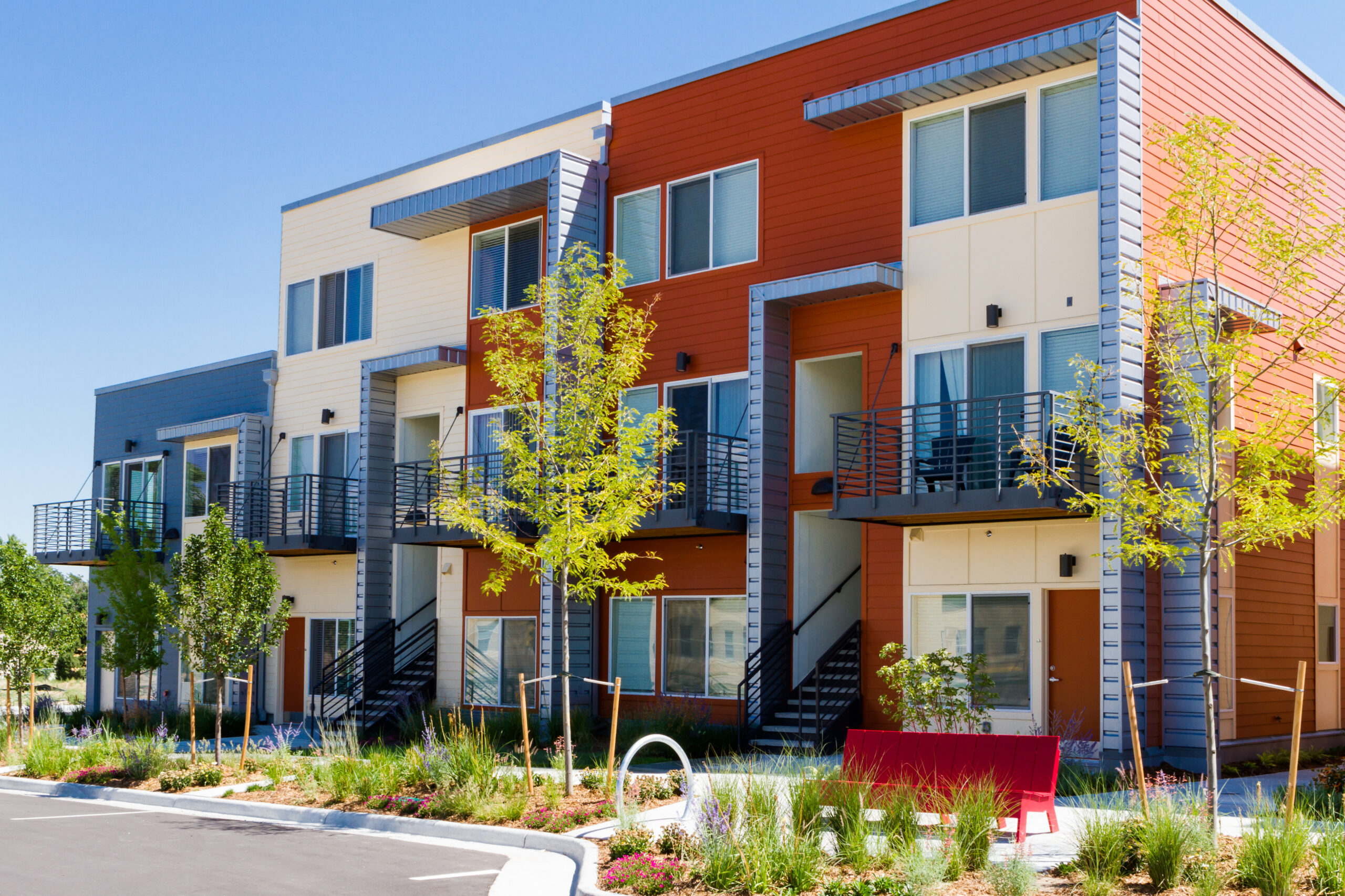 Multi colored apartment building